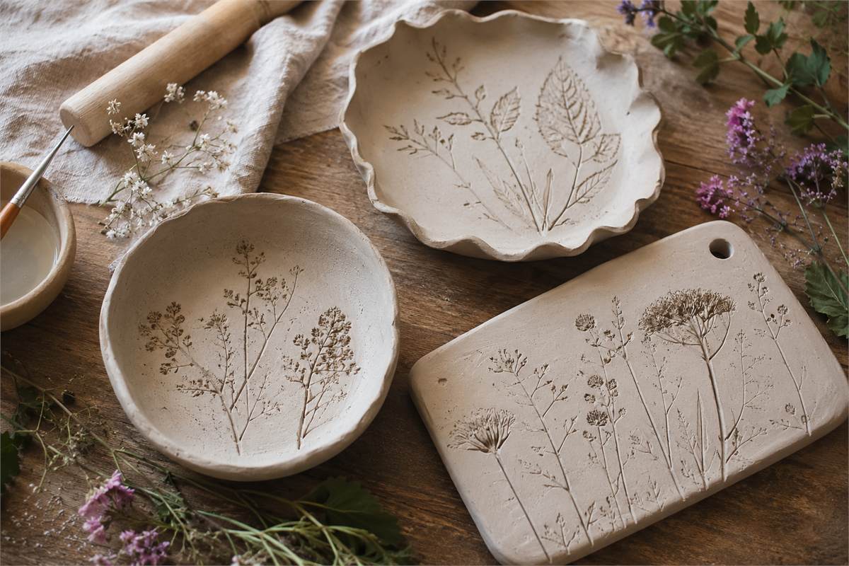 Handgeformte Schalen und Teller aus Ton mit botanischen Blattabdrücken