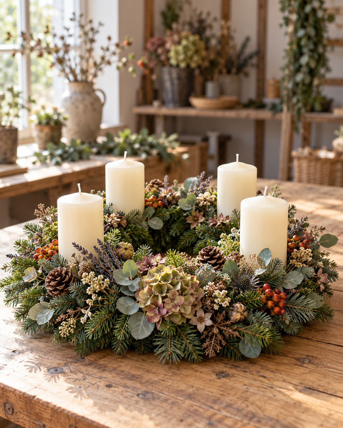 Adventskranz aus Tannengrün und Naturmaterialien mit vier cremefarbenen Kerzen