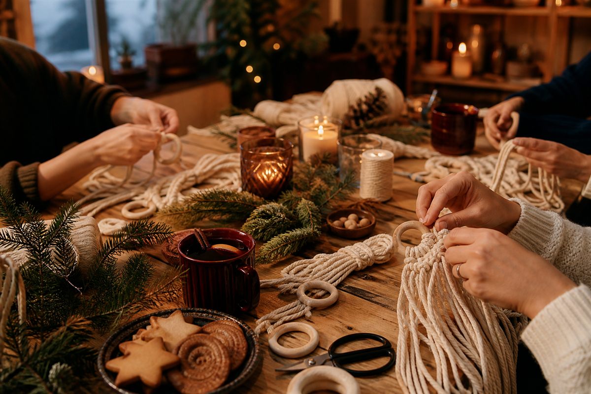 Hände knüpfen Makramée bei Kerzenlicht, Plätzchen und Glühwein