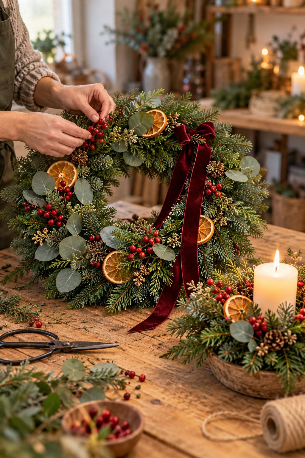 Weihnachtlicher Türkranz und festliches Gesteck mit Tannengrün, Beeren und getrockneten Orangenscheiben im Atelier